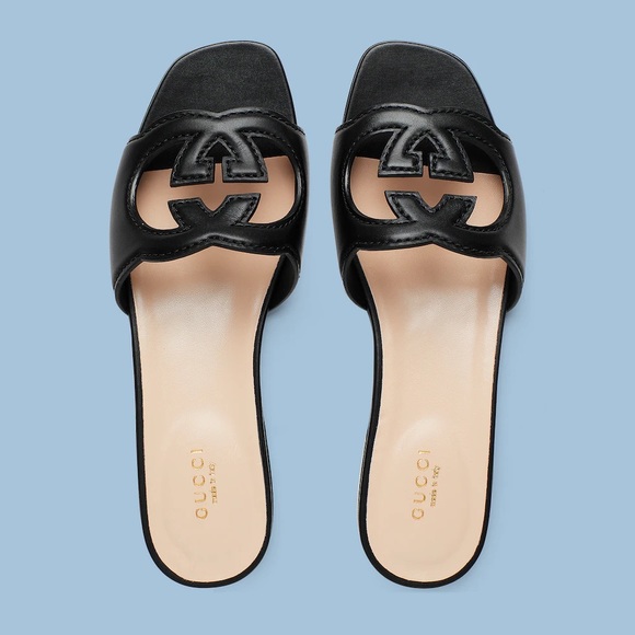 Gucci Interlocking G Logo Cutout Leather Slides in Black Size 36 - Picture 1 of 10